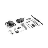Complete DJI Avata Pro-View Combo FPV Drone kit with Goggles 2, Motion 2 controller, spare parts, and accessories for immersive flight experience.