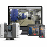 image of a leica rtc360 laser scanner along side a table and the software that it runs on